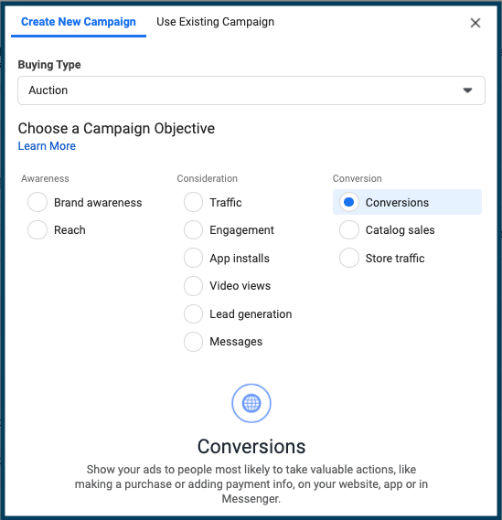 Conversion Campaign set up in Facebook