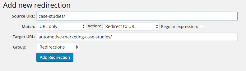 Add a 301 redirect to WordPress using redirection