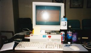 This was my first office job as a web developer, circa 1998 or so. It connected to the Internet with a cable.