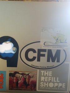An oval circle that says "CFM", which shares Jaden's personality and love of the city of Colombia, Missouri. 
