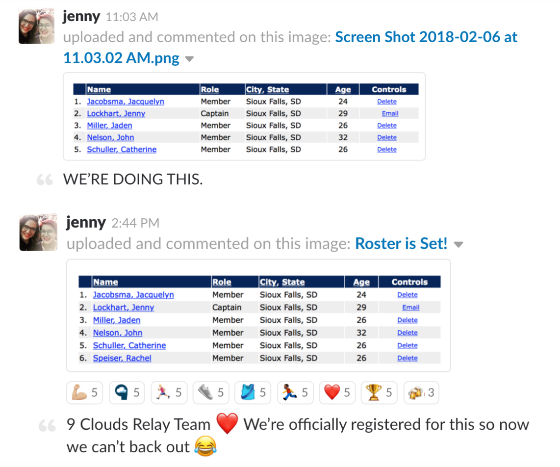 Slack conversation about the 9 Clouds relay team