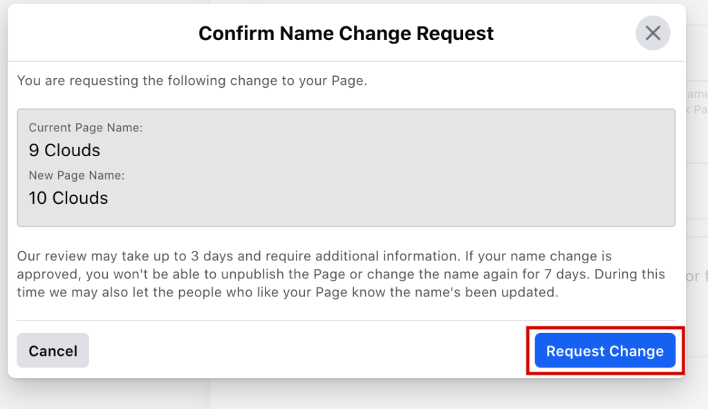 Request a Facebook page name change