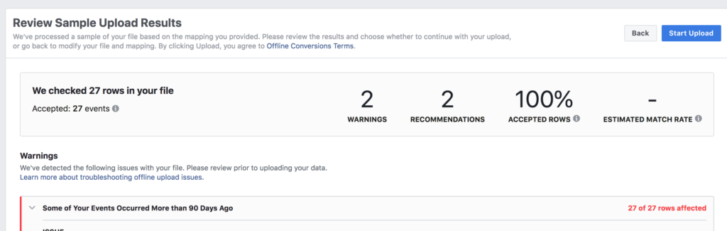 Review sample upload results for Facebook Offline Events