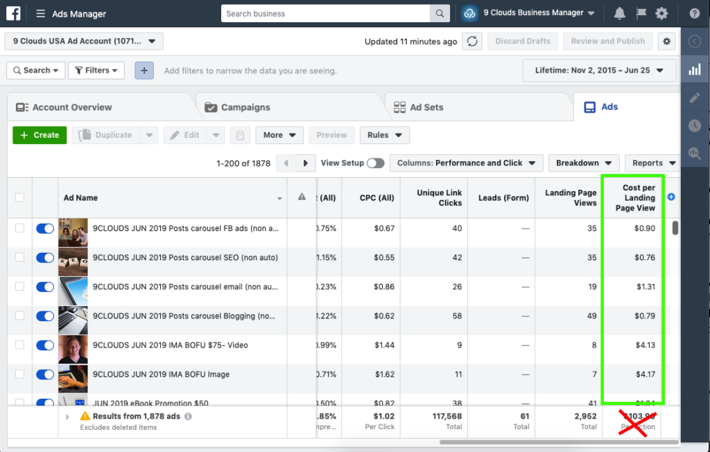 How to find cost per landing page view in Facebook Business Manager.
