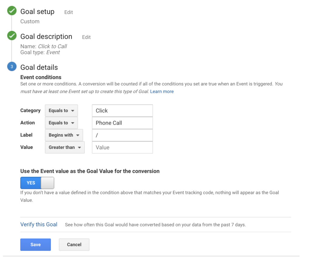 set up click to call tracking goal in Google Analytics