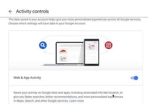 Gif showing how to disable search history from being saved by Google
