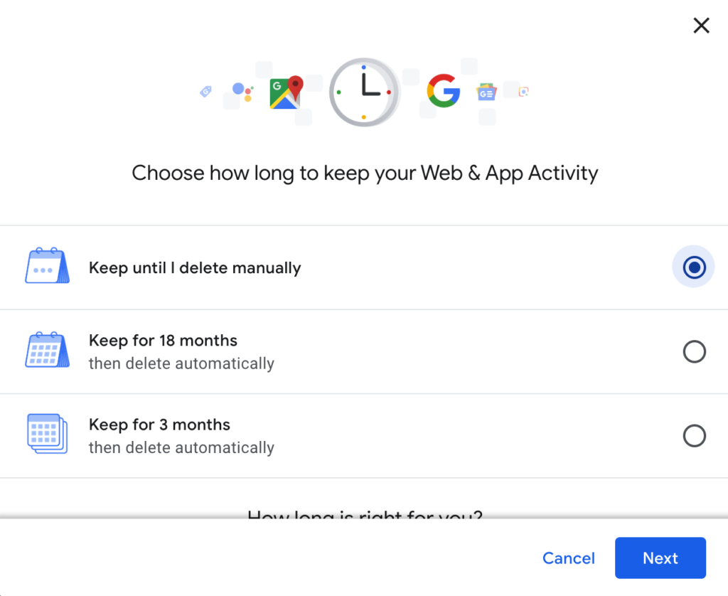 screenshot of Google's auto-delete options