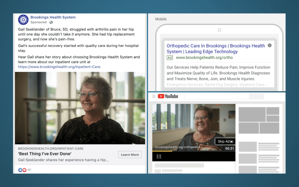 Creative examples of the Brookings Health campaign from 9 Clouds