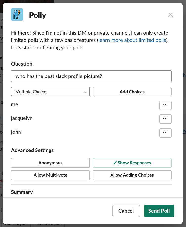 Slack poll using Polly app