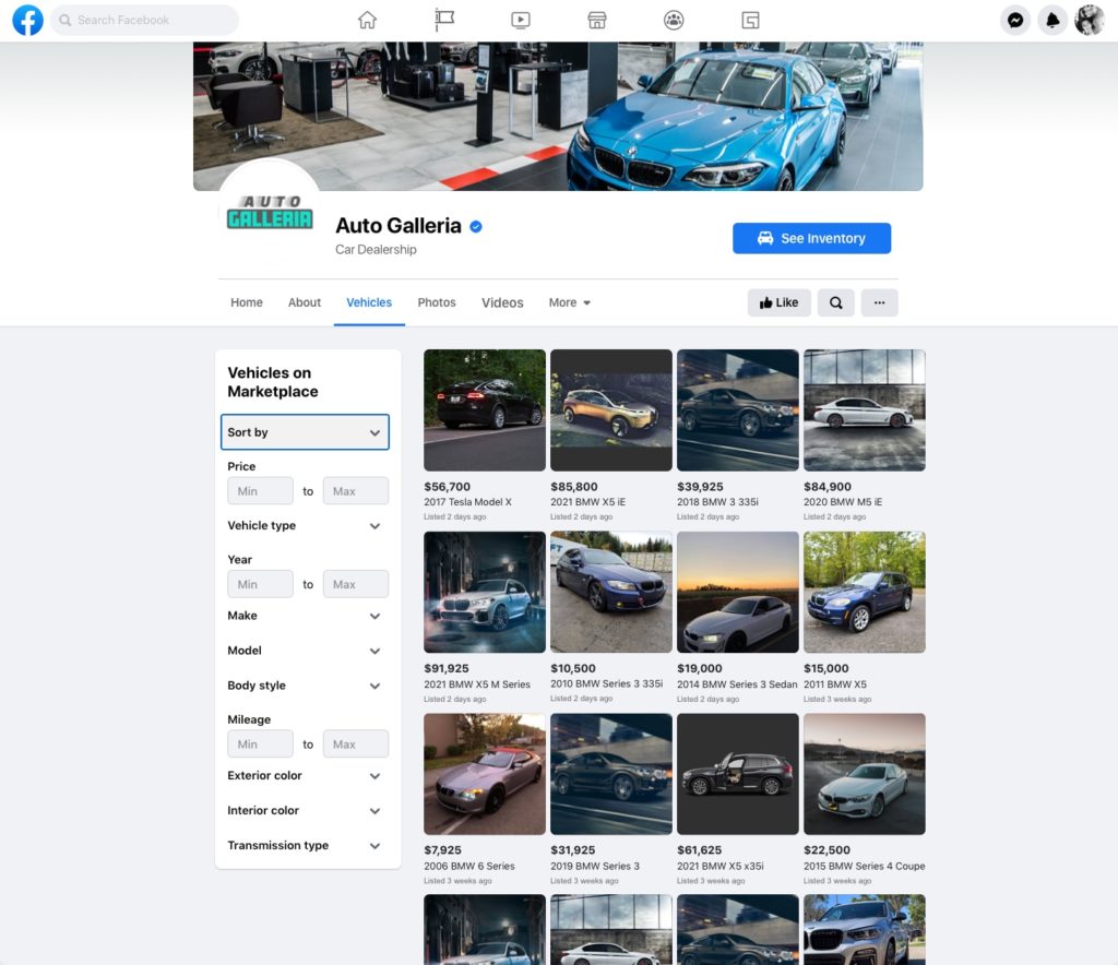 Example Facebook Vehicles Listing