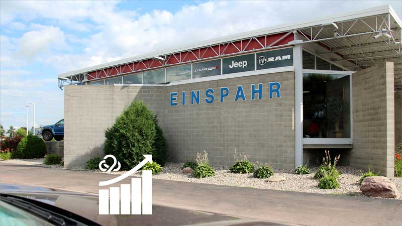 Einspahr Auto Plaza entrance with 9 Clouds case study logo overlay