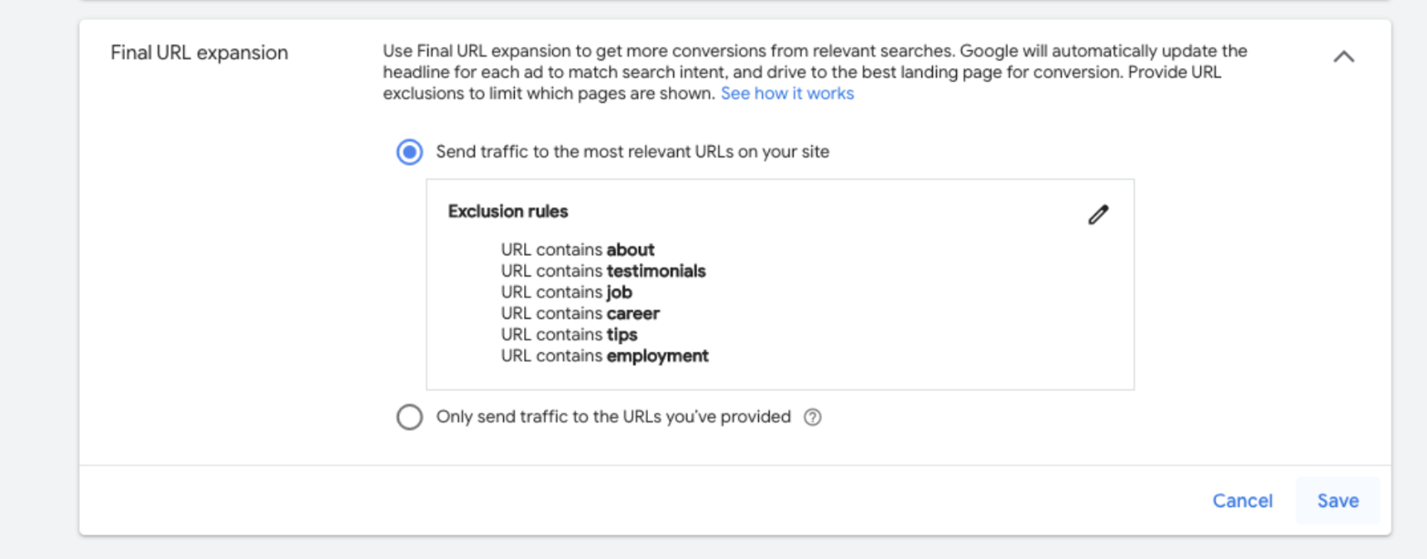 Example of exclusion rules setup in Google Ads Performance Max campaigns